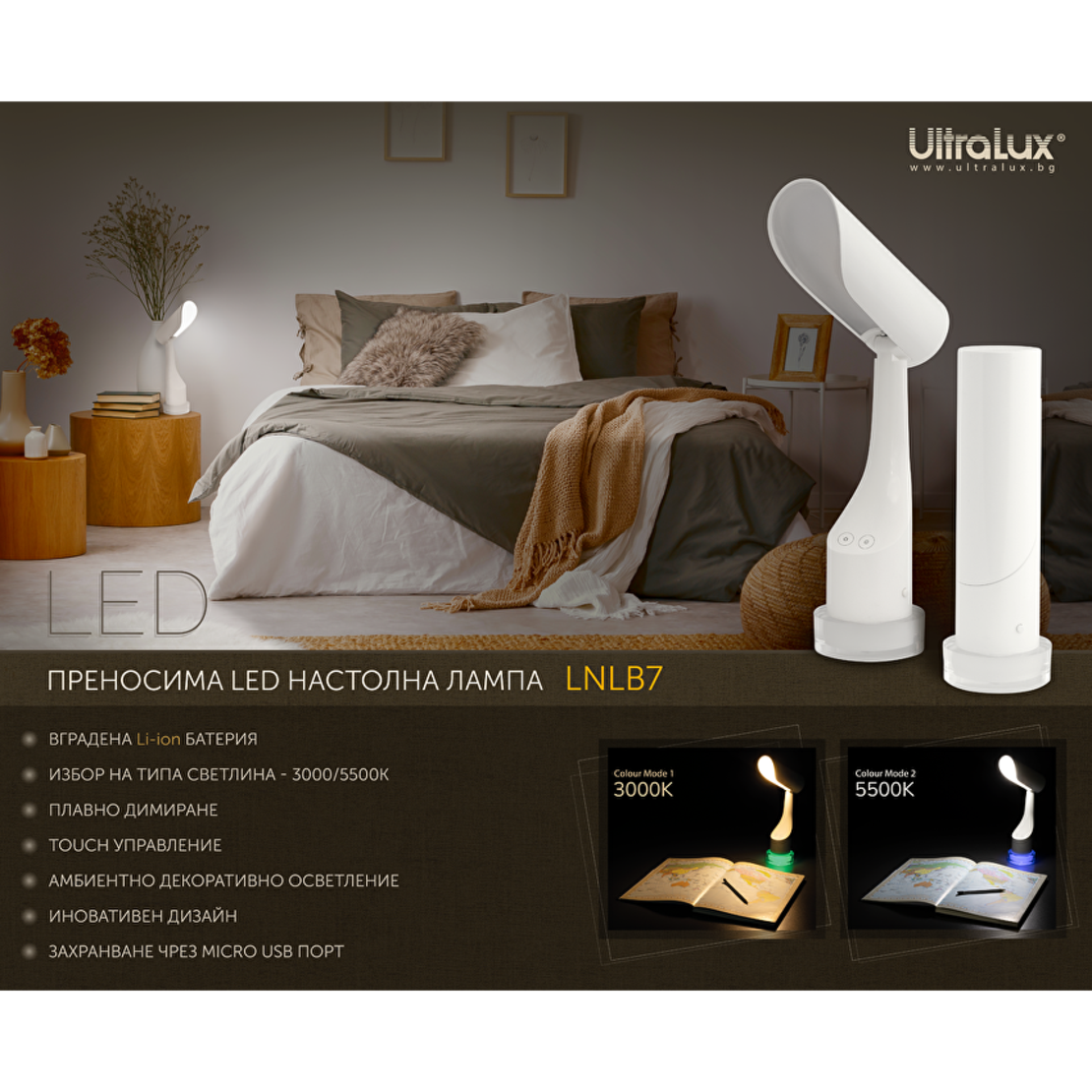 LED димираща презареждаема настолна лампа 7W 3.7V 200mAh