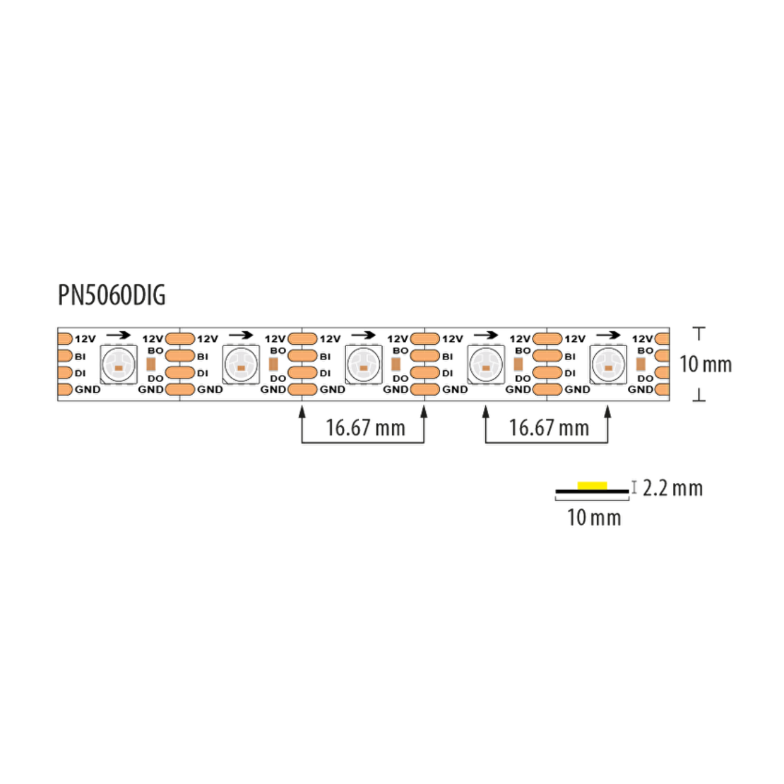 Дигитална LED лента, IC WS2815B 60пиксела/м, IP20, 5м  12V DC 120° 0.43W/pixel RGB SMD 5050