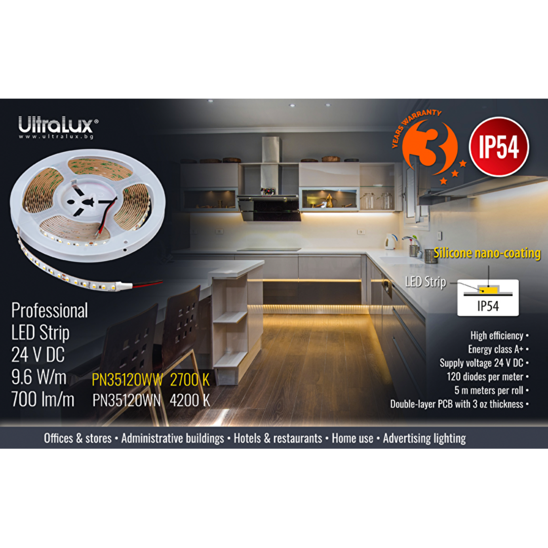 Професионална LED лента топло бяла IP54 5m  24V DC 120° 9.6W/m 2700K SMD 3528