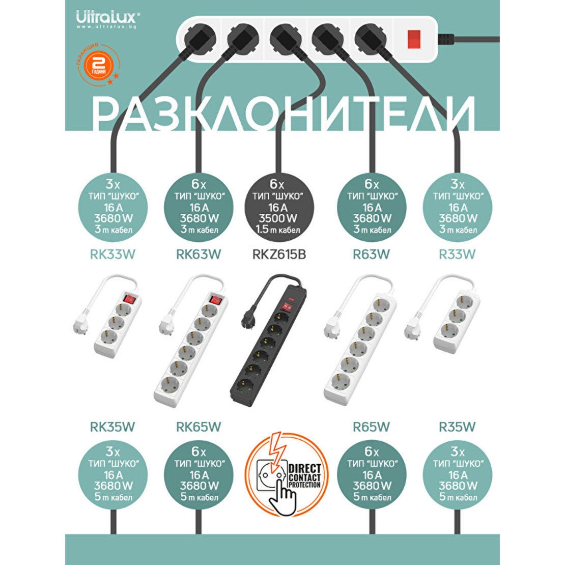 Разклонител с 3 Шуко гнезда, с ключ, 5 метра, бял