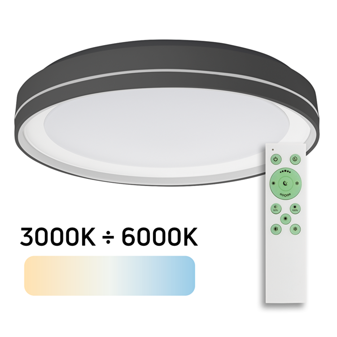 LED димираща плафониера с дистанционно, 45W IP20 CCT 3000/4000/6000K   черна