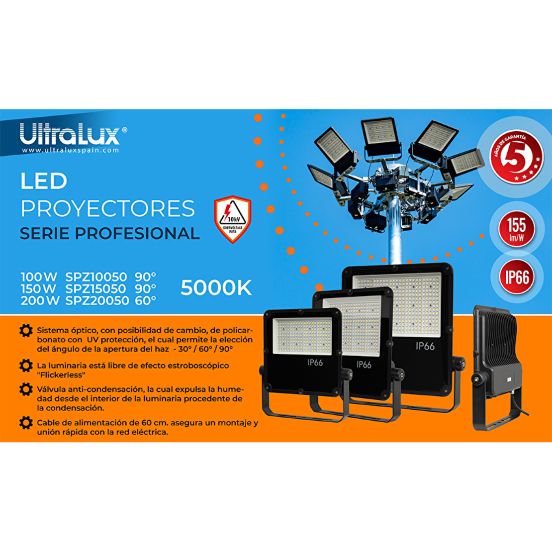 Професионален LED прожектор IP66 IK06  220V-240V AC 90° 150W 5000K SMD 2835