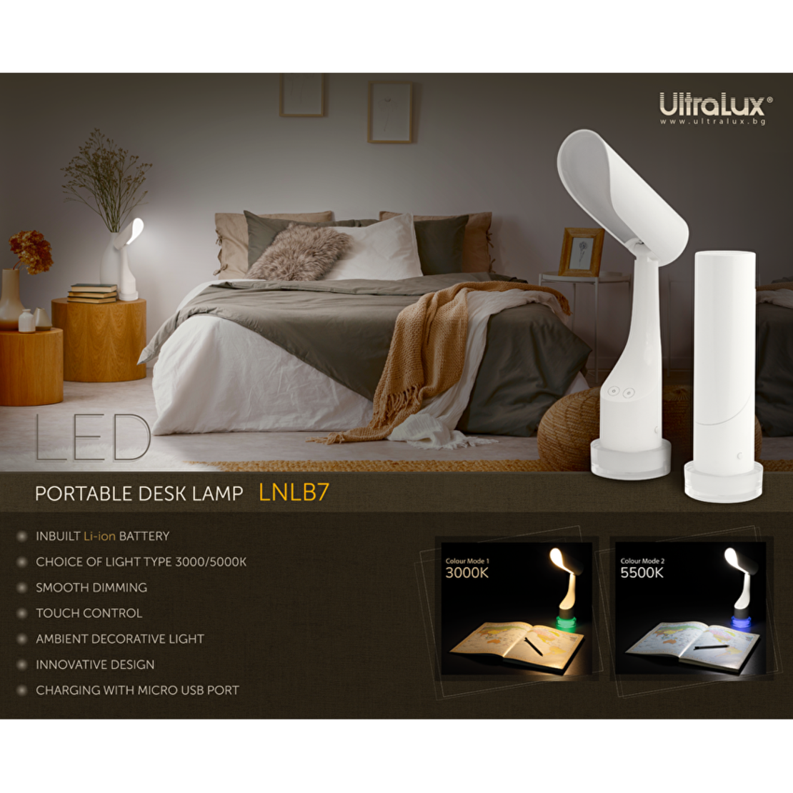 LED димираща презареждаема настолна лампа 7W 3.7V 200mAh