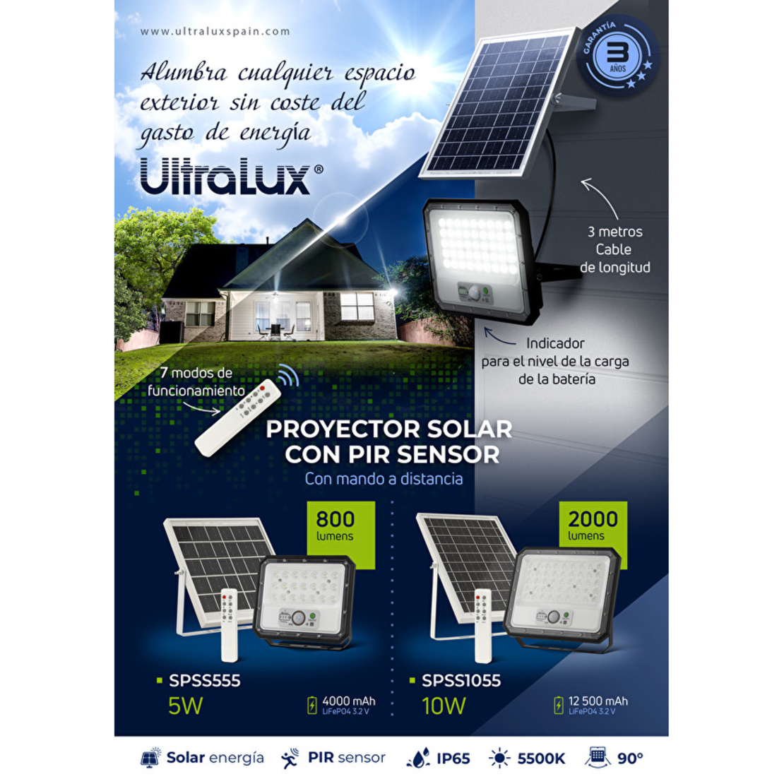 Соларен LED PIR прожектор IP65   90° 10W 5500K SMD 3030
