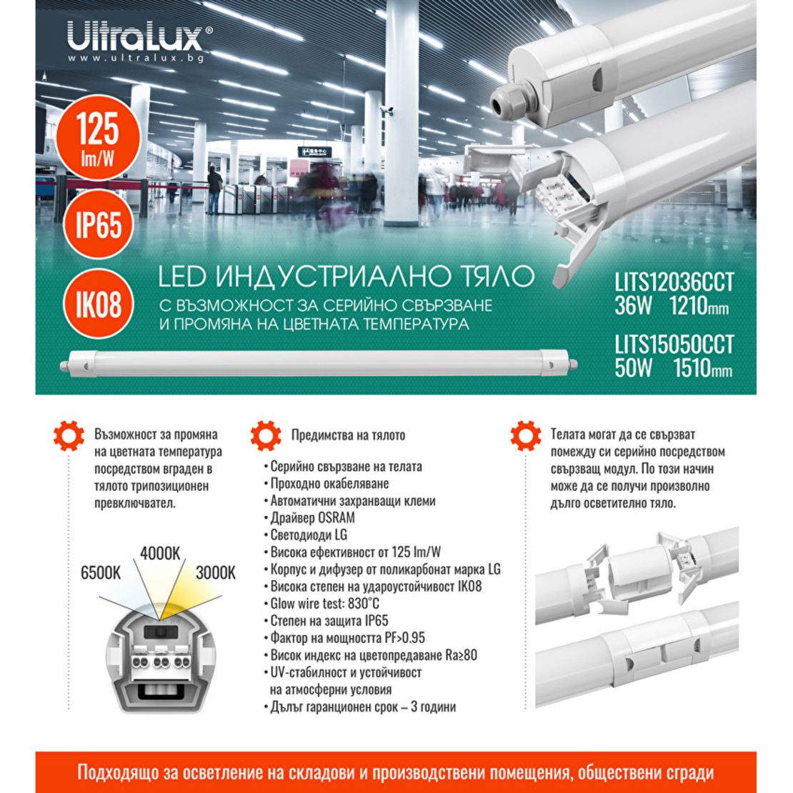 LED slim индустриално осв. тяло CCT 1.2m PC  220V-240V AC 120° 36W 3000K/4000K/6500K SMD 2835
