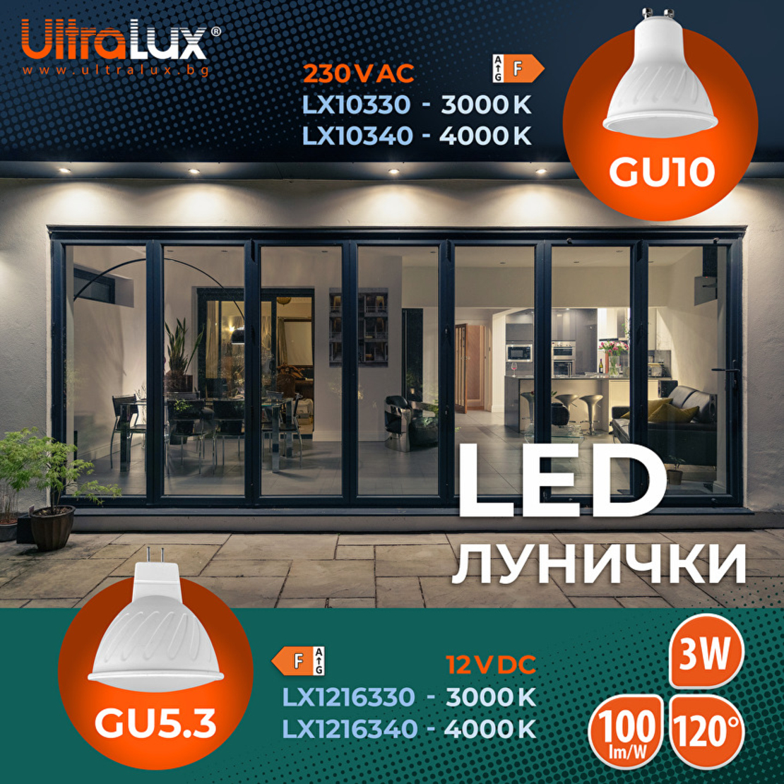 LED луничка Gu10 220V-240V AC 120° 3W 4000K SMD 2835