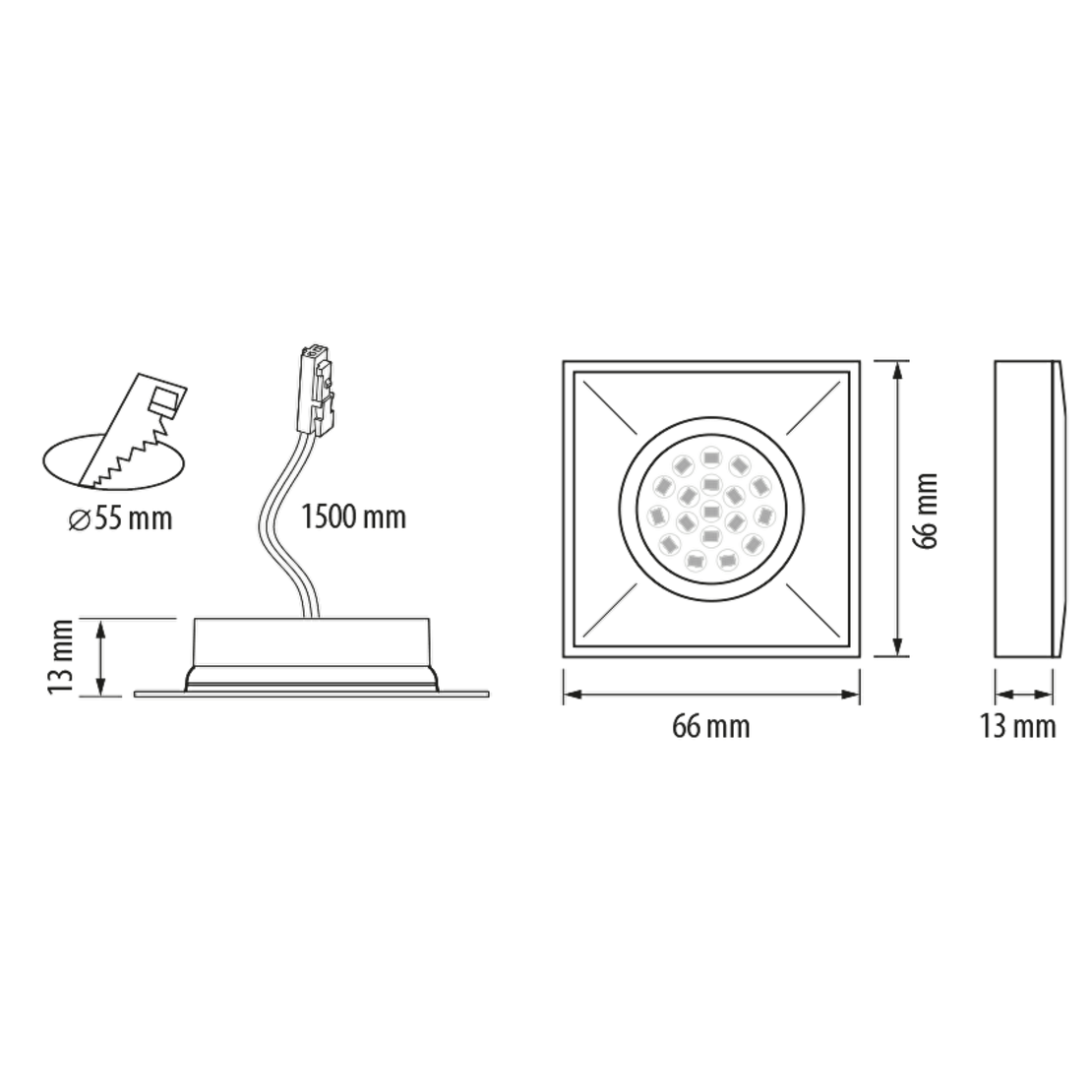 Мебелна светодиодна луна квадрат хром  12V DC 120° 1.5W 4000K SMD 3014
