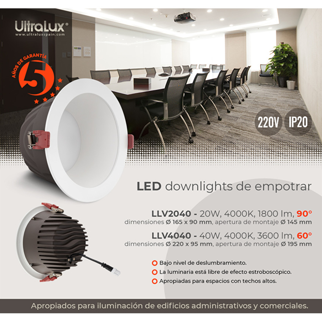 LED луна за вграждане 90° IP20  220V-240V AC 90° 20W 4000K SMD 2835