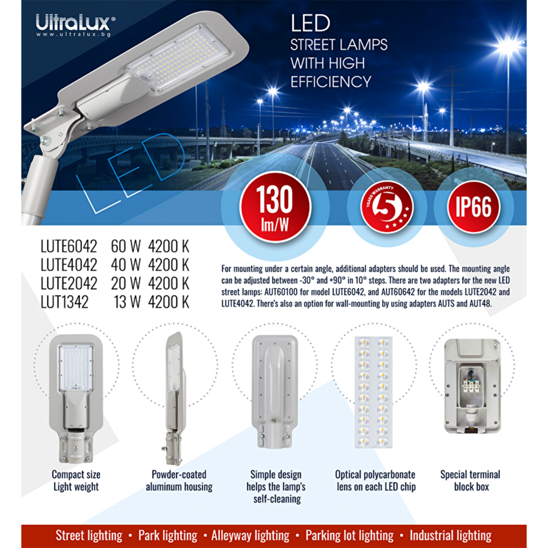 LED тяло за улично осветление IP66  220V-240V AC 140°x90° 20W 4200K SMD 3030