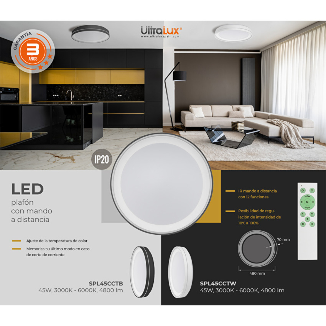 LED димираща плафониера с дистанционно 45W IP20 CCT 3000/4000/6000K   бяла