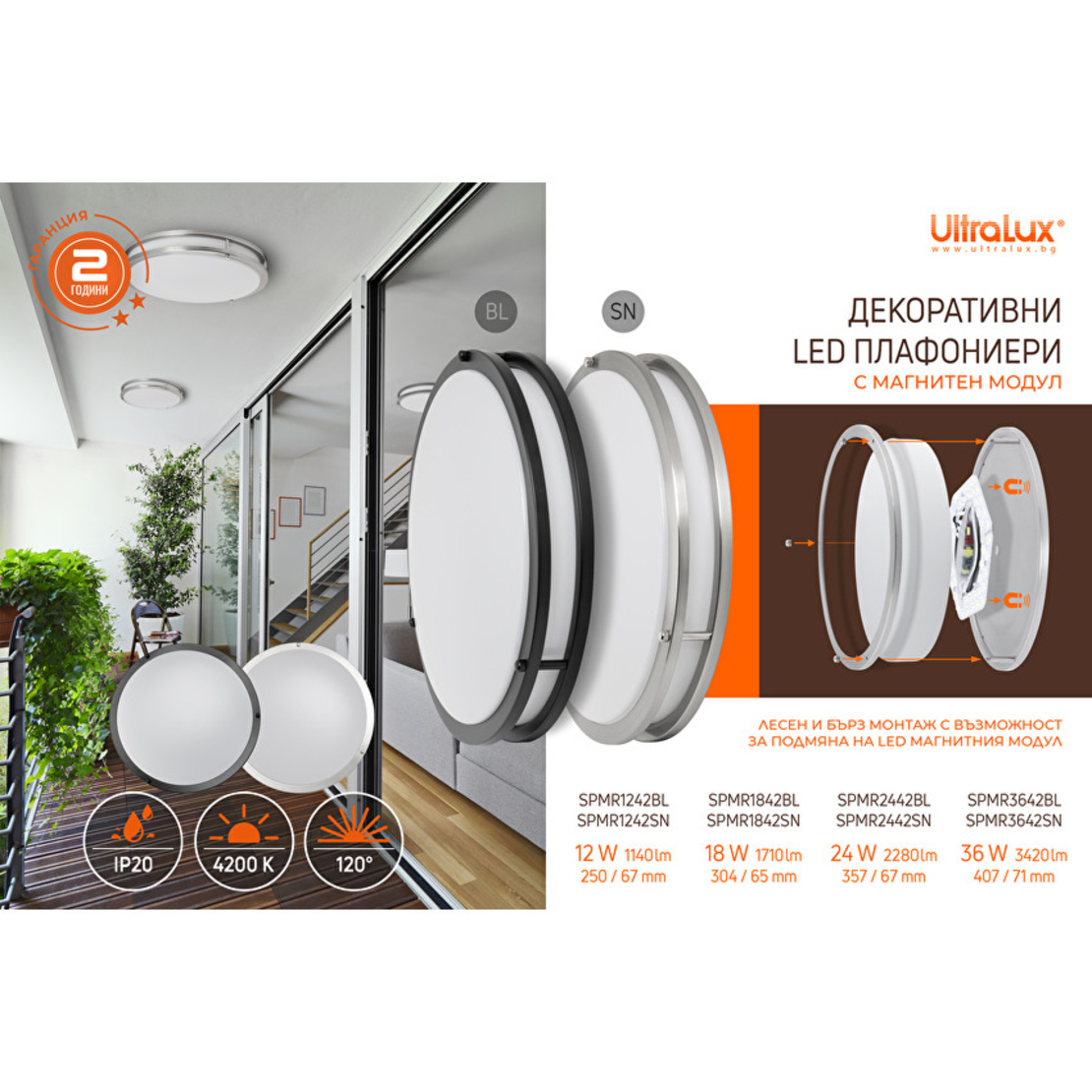 LED декоративна плафониера 18W, 4200K, 220-240V AC, IP20  плафониера черна Кръг