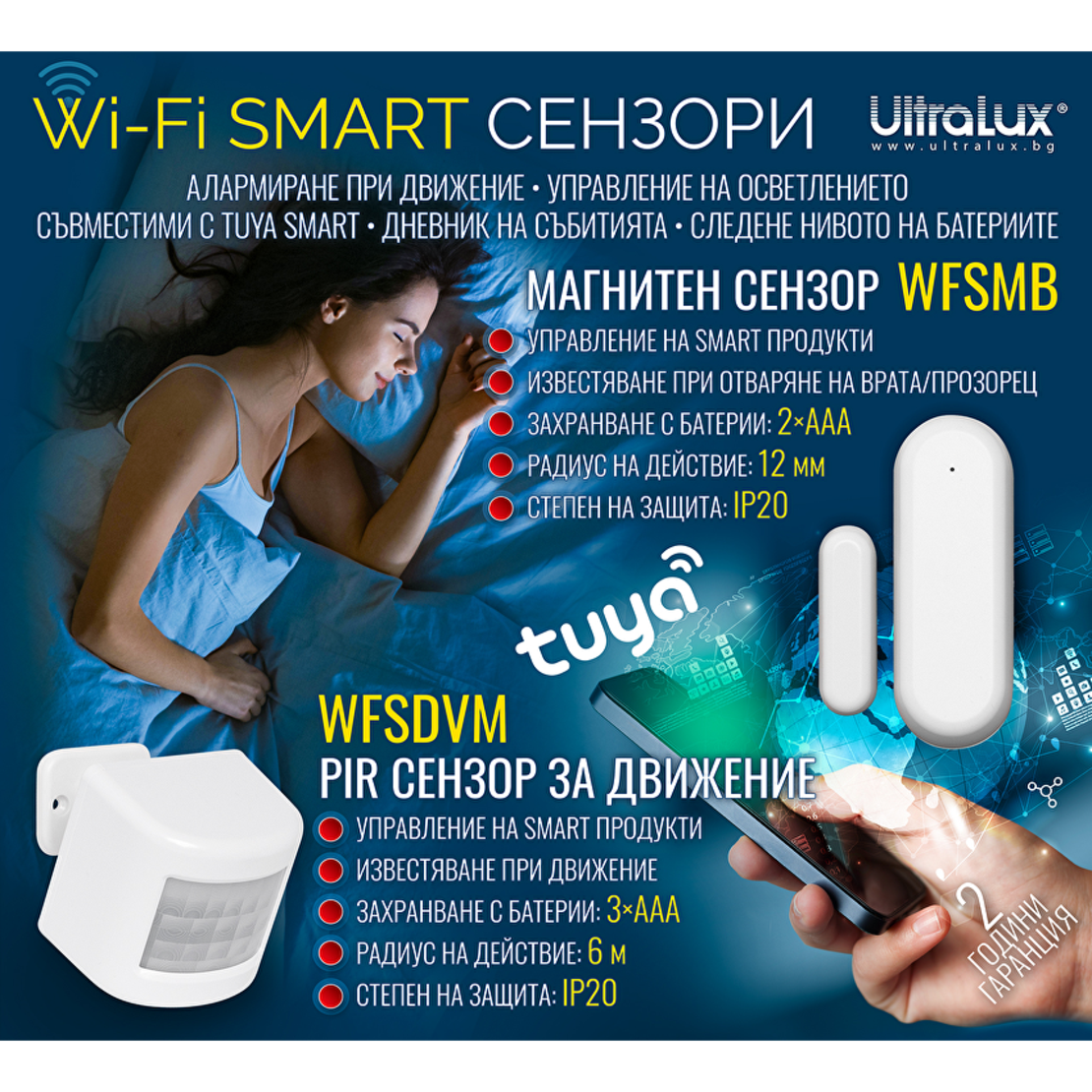 WiFi сензор за врати и прозорци IP20 12mm  2x1.5V (AAA)