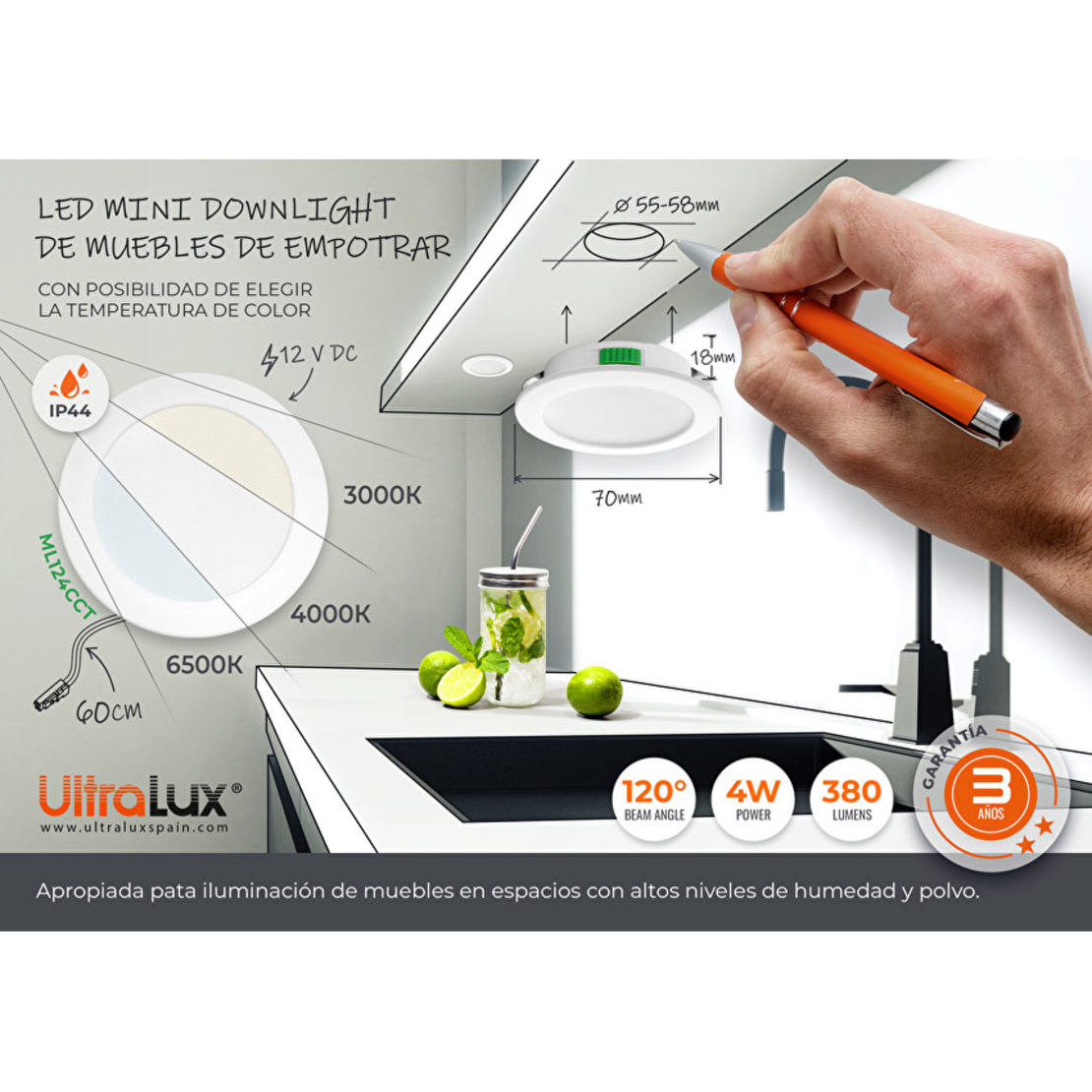 Мебелна LED луна за вграждане CCT IP44 бяла  12V DC 120° 4W 3000K/4000K/6500K SMD 2835