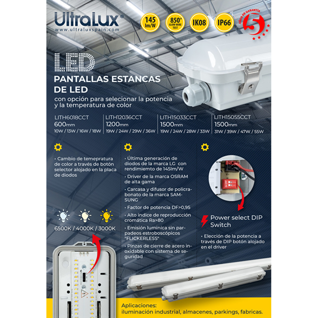 LED индустриално осв. тяло CCT 1,5м PC  220V-240V AC 120° 33W max 3000K/4000K/6500K SMD 2835