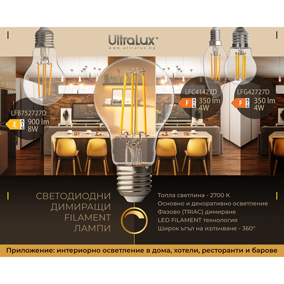 LED димиращ filament топка E27 220V-240V AC 360° 4W 2700K Filament