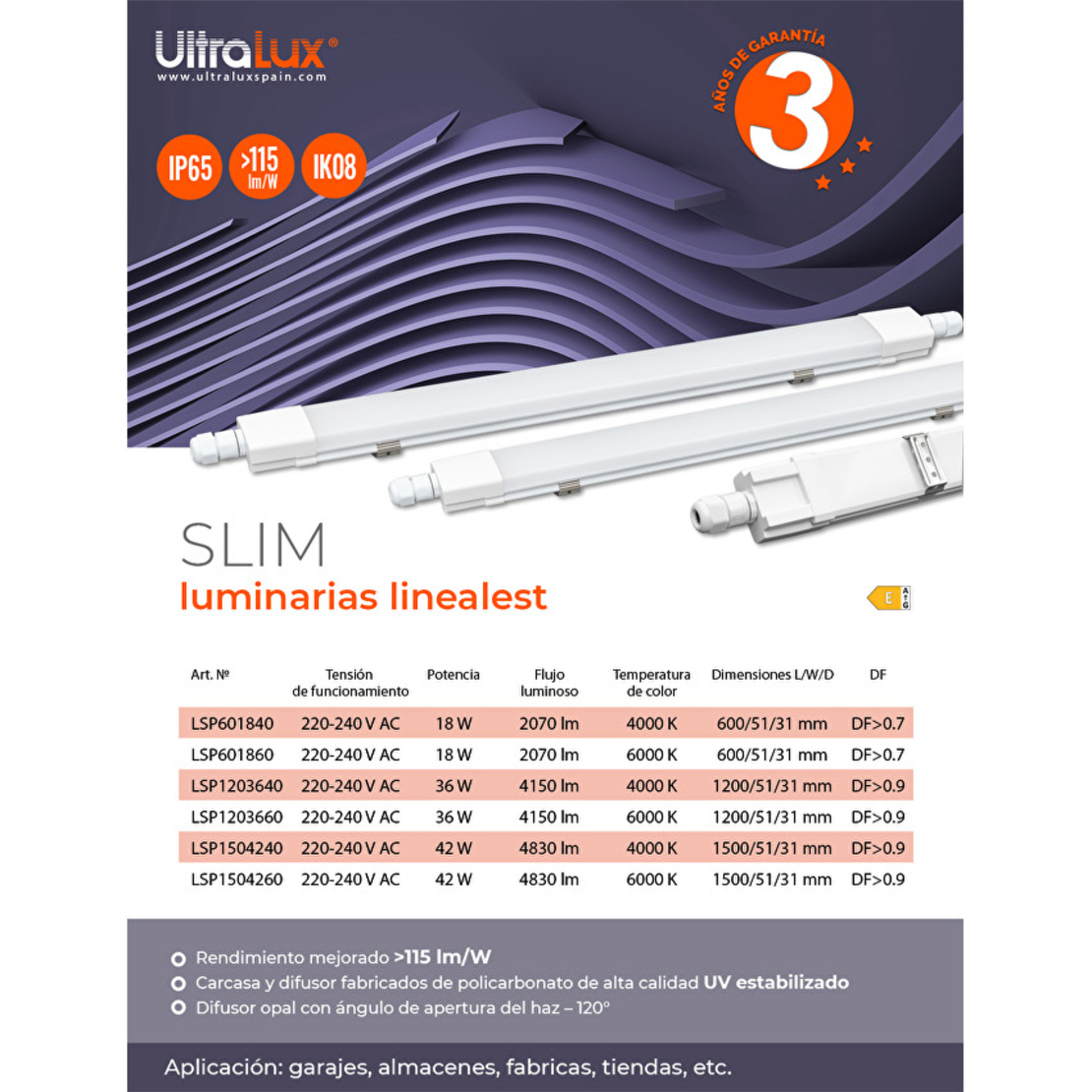 LED Slim линейно тяло 1.2м IK08 IP65  220V-240V AC 120° 36W 6000K SMD 2835