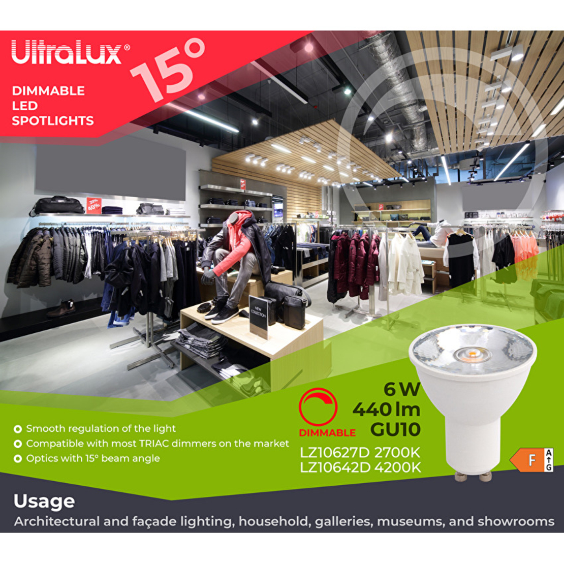 LED луничка димираща Gu10 220V-240V AC 15° 6W 4200K COB