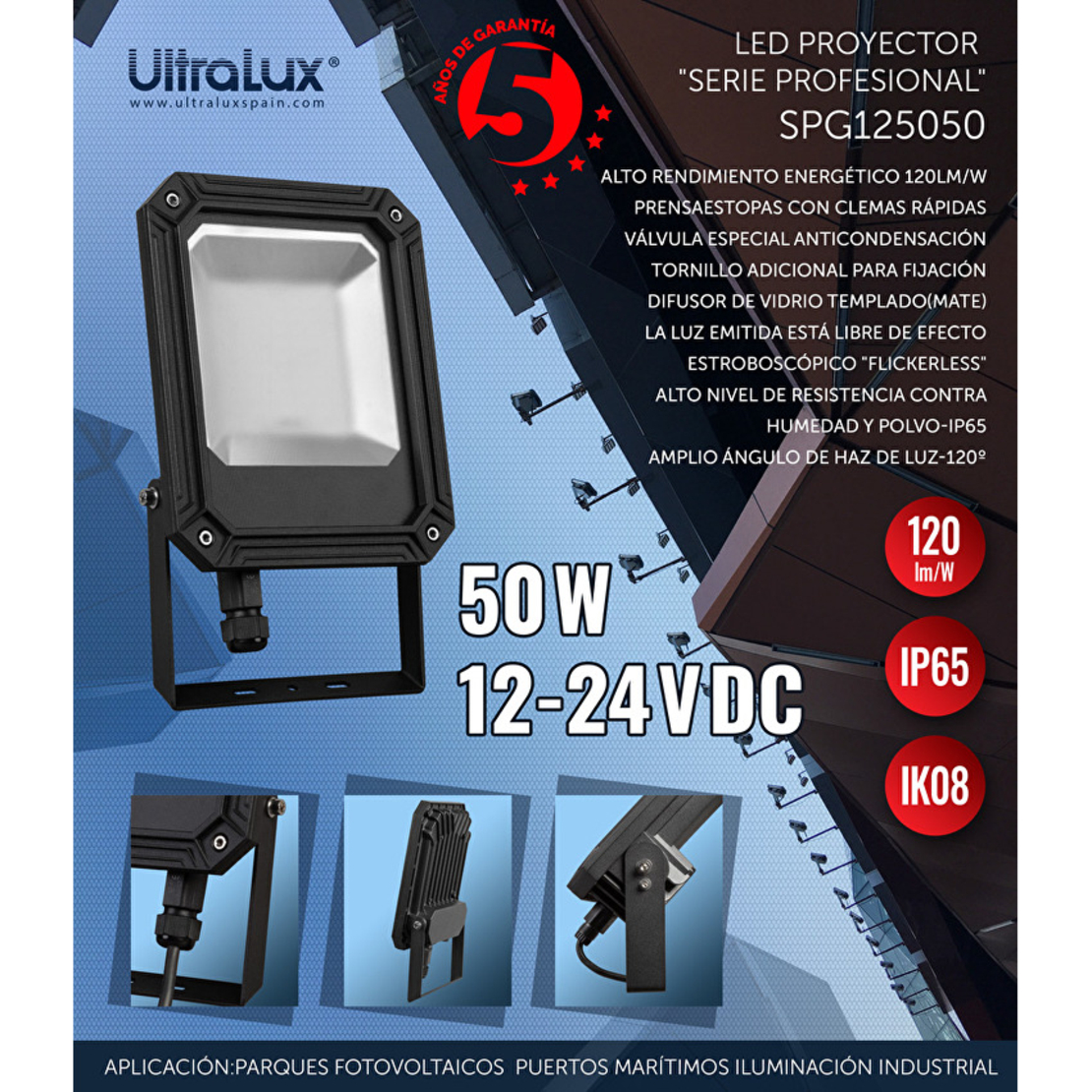 Професионален LED прожектор IP65  12-24V DC 120° 50W 5000K SMD 2835