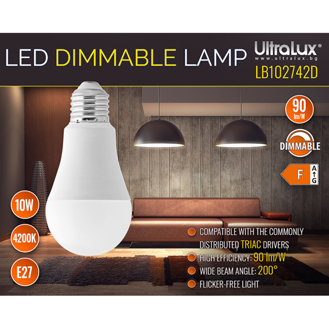 LED крушка димираща E27 220V-240V AC 200° 10W 4200K SMD 2835