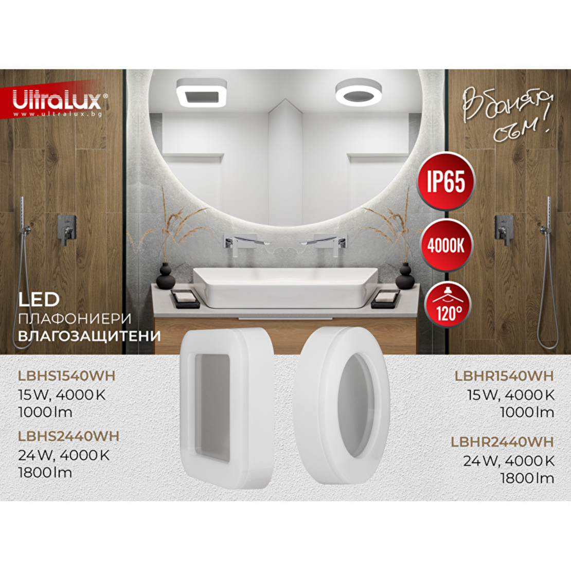 LED IP65 15W  плафониера бяла Кръг