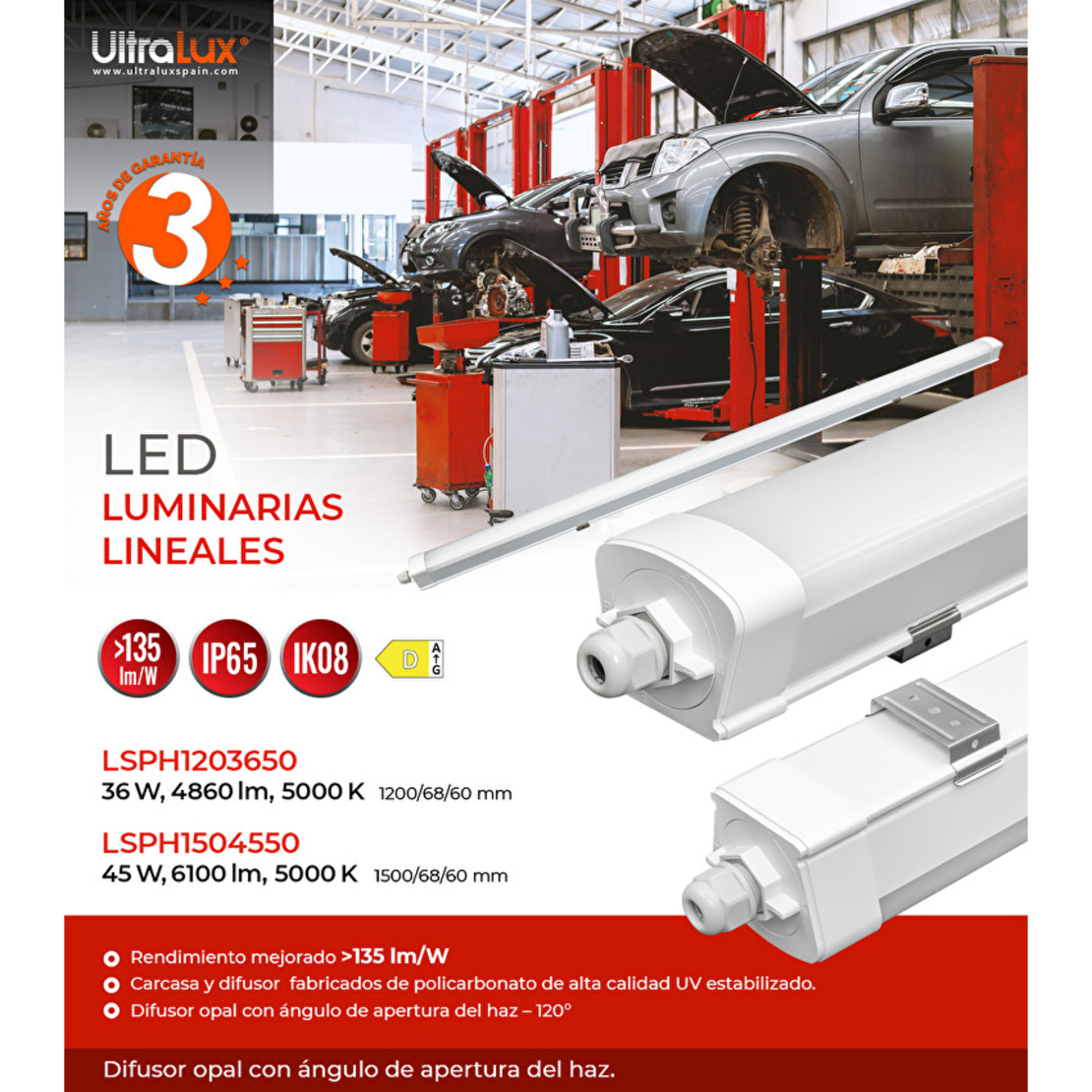LED Slim линейно тяло 1.5м IK08 IP65  220V-240V AC 120° 45W 5000K SMD 2835