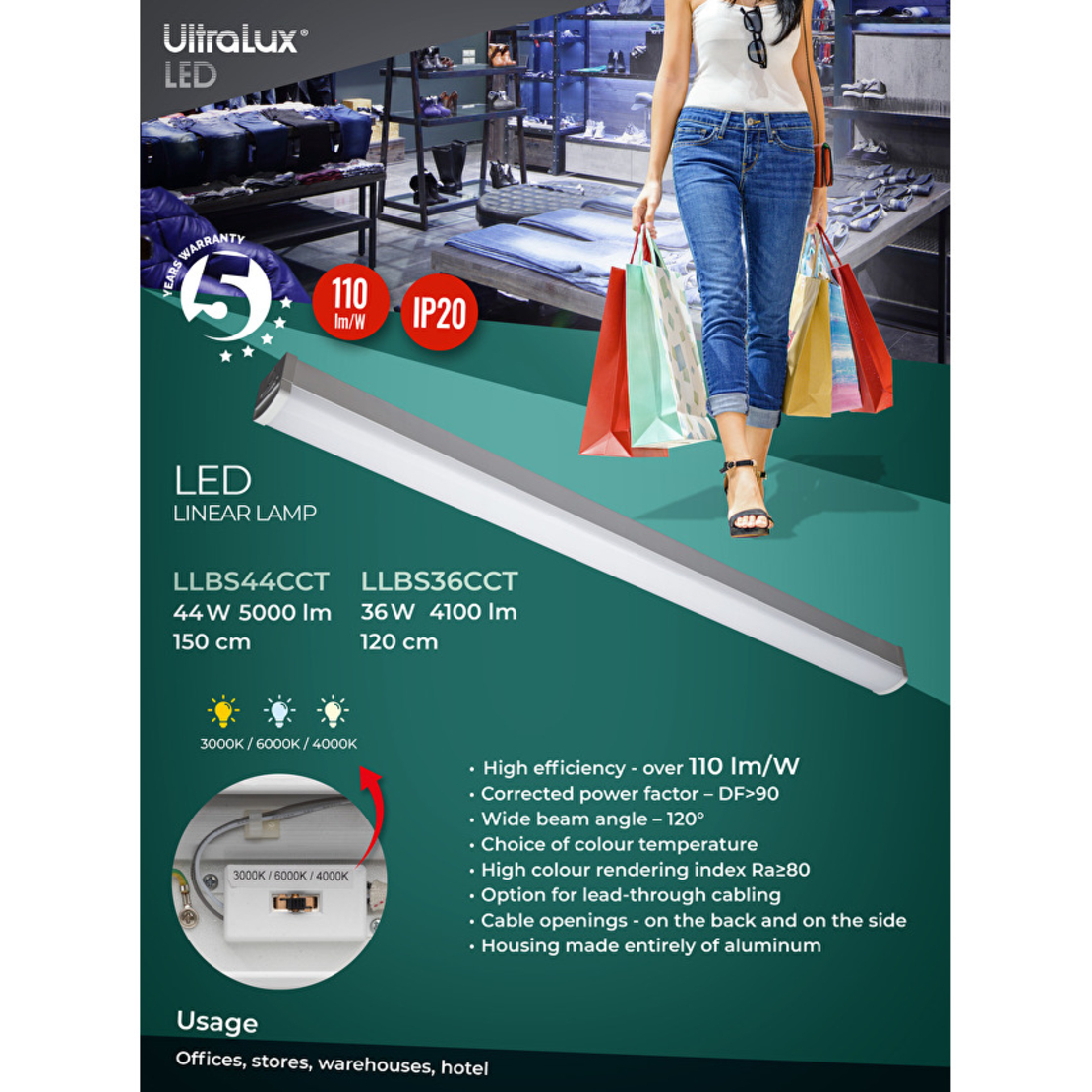 LED линейно осветително тяло CCT IP20  220V-240V AC 120° 36W 3000/4000/6000K SMD 2835