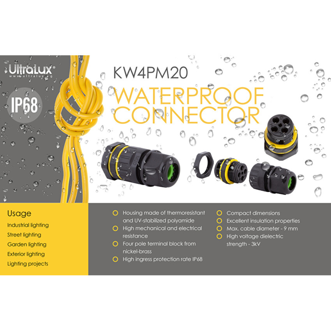 Влагозащитен конектор М20, 4 пина IP68, 1 брой, 16А    Спирала