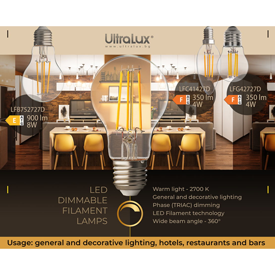 LED димиращ filament конус E14 220V-240V AC 360° 4W 2700K Filament