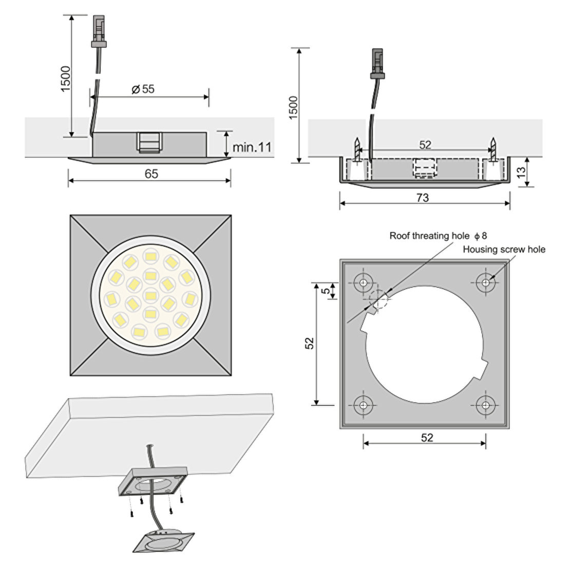 Мебелна светодиодна луна квадрат хром  12V DC 120° 1.5W 4000K SMD 3014