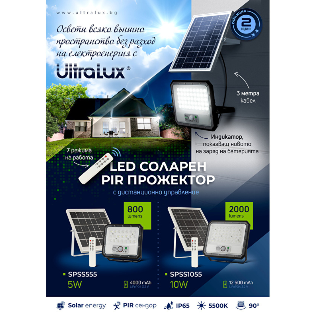 Соларен LED PIR прожектор IP65   90° 10W 5500K SMD 3030