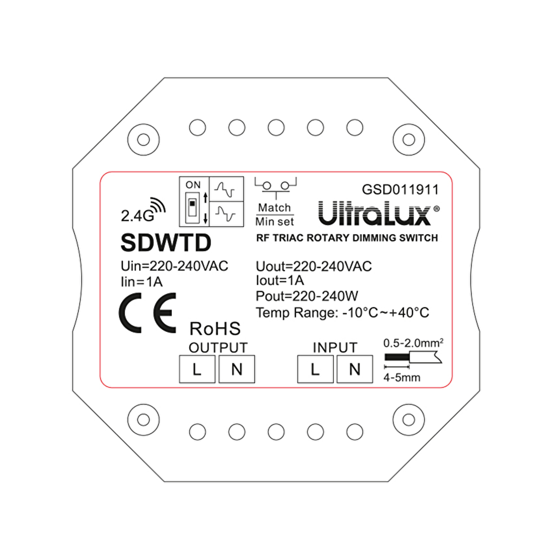 RF TRIAC димиращ ключ за стена, 1.5A, 350VA  220V-240V AC  220W