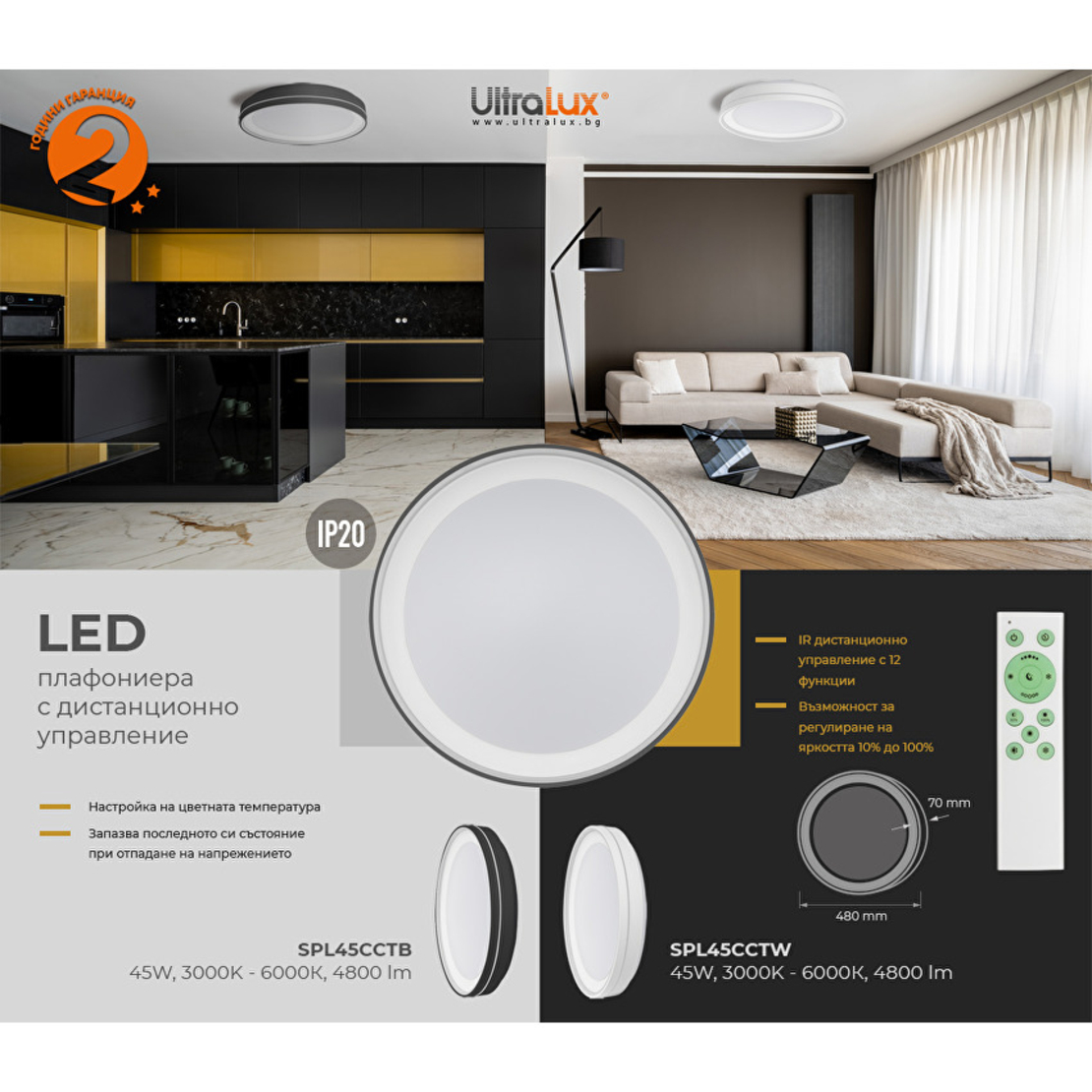 LED димираща плафониера с дистанционно 45W IP20 CCT 3000/4000/6000K   бяла