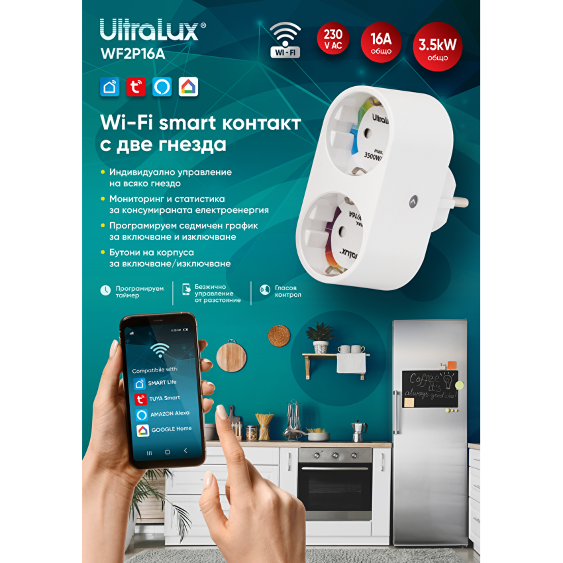 WiFi Smart контакт, двоен, 16А  220V-240V AC  3500W