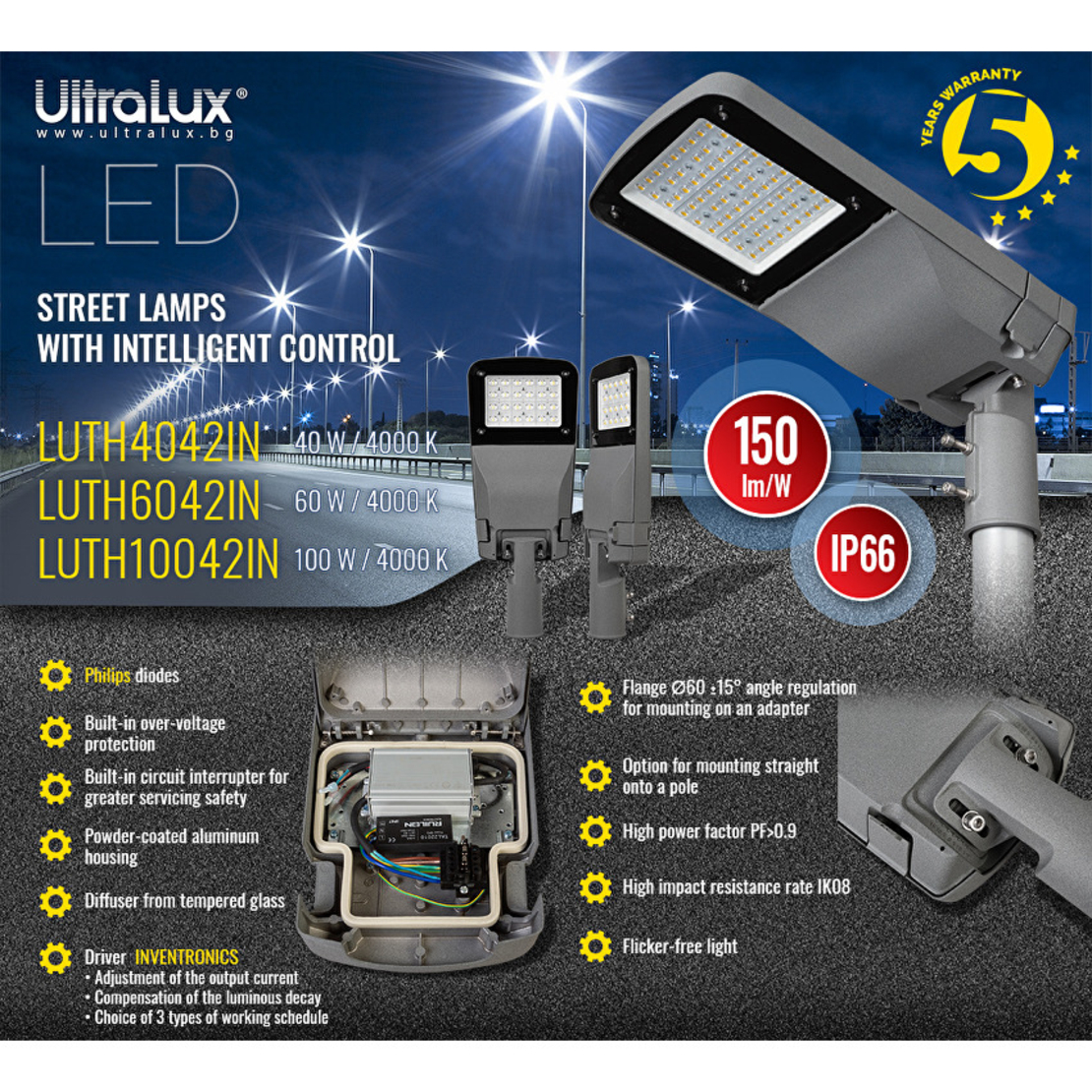 LED улично тяло с интелигентно управление IP66  220V-240V AC 150°x90° 60W 4200K SMD 3030