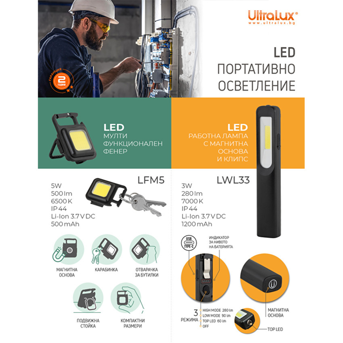 Мултифункционален LED фенер 5W IP44 500lm