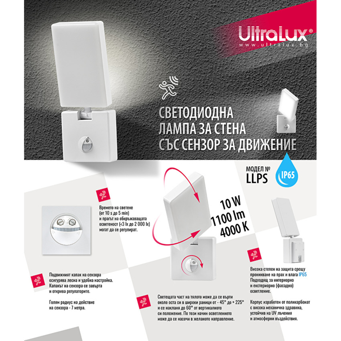 Светодиодна лампа със сензор за движение 10W 4000K IP65  за стена бяла Топка