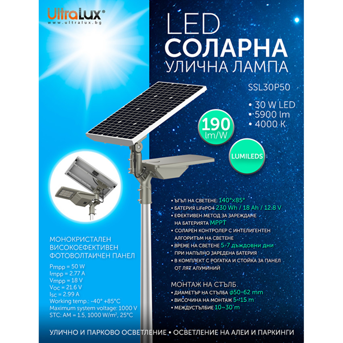LED Соларна улична лампа IP66  12.8V 140x85 30W 4000K SMD 5050