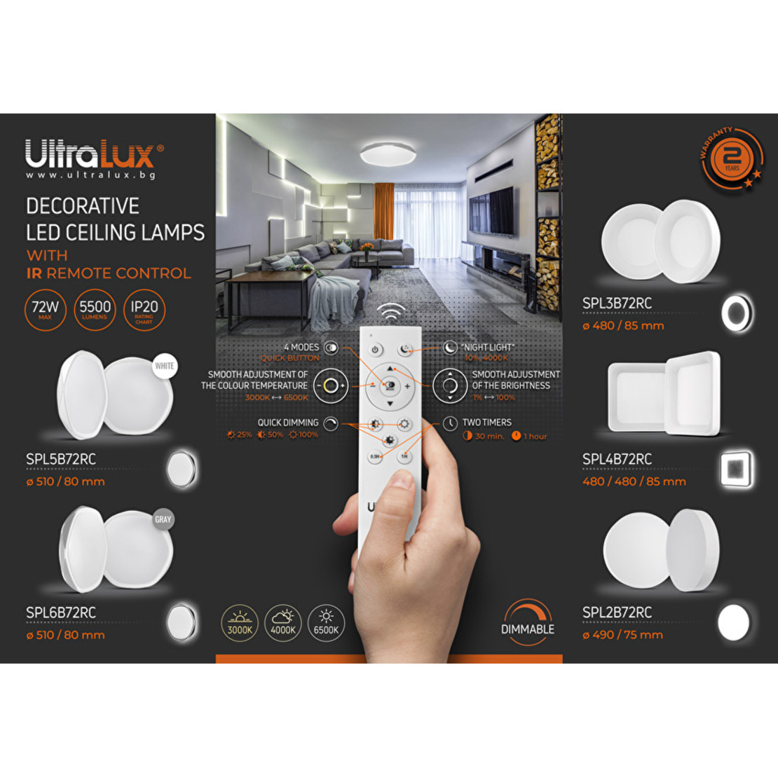 LED димираща CCT плафониера с дистанционно управление бяла 72W max IP20 кръг   бяла Кръг