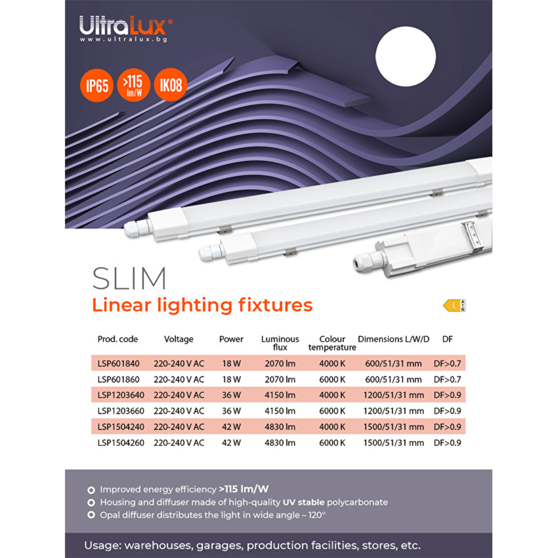 LED Slim линейно тяло 1.5м IK08 IP65  220V-240V AC 120° 42W 6000K SMD 2835