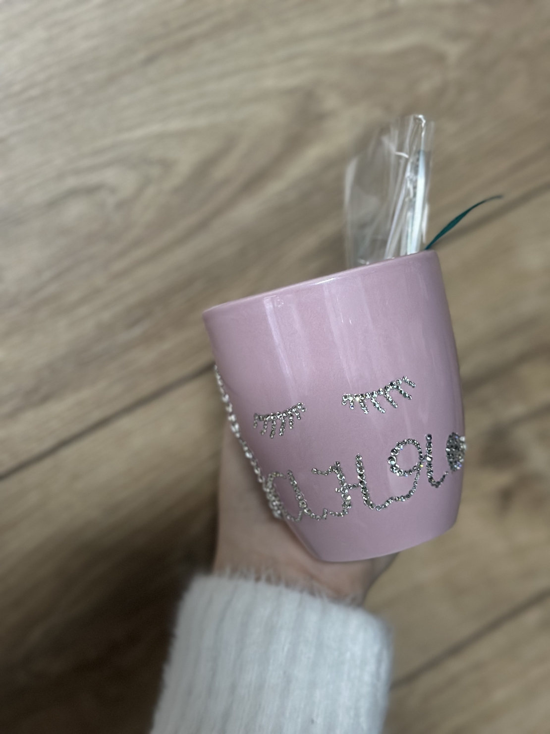 Персонална чаша за кафе с кристали  - baby pink