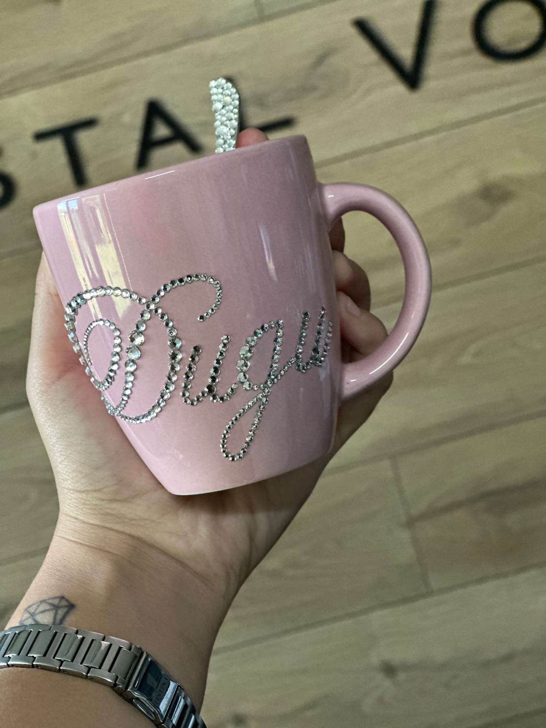 Персонална чаша за кафе с кристали  - baby pink