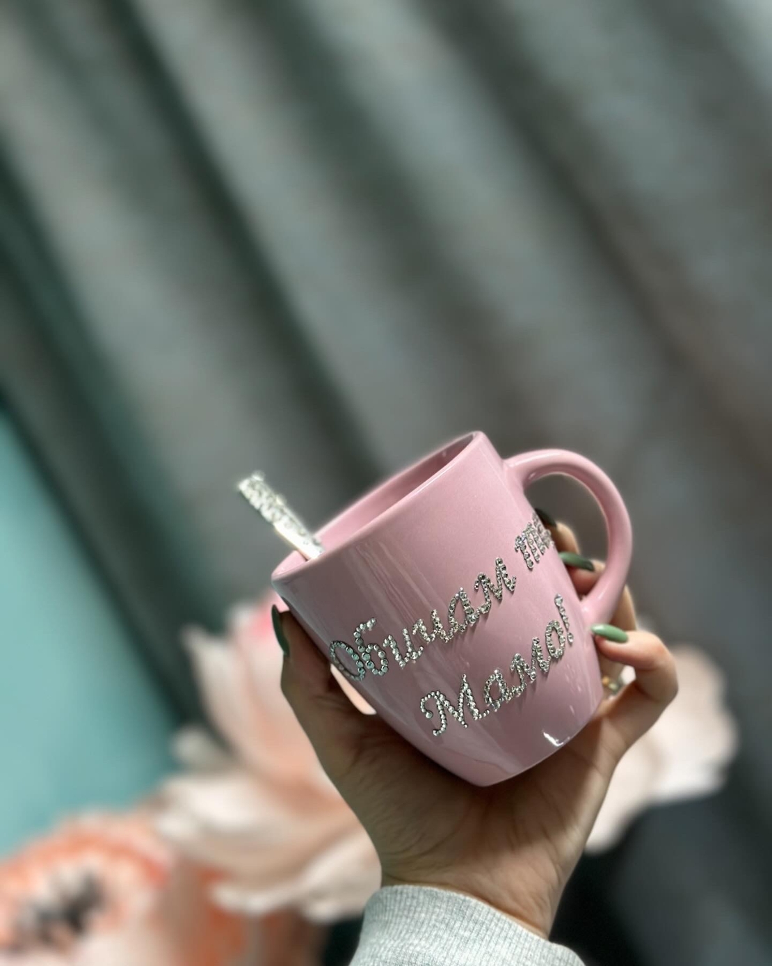 Персонална чаша за кафе с кристали  - baby pink