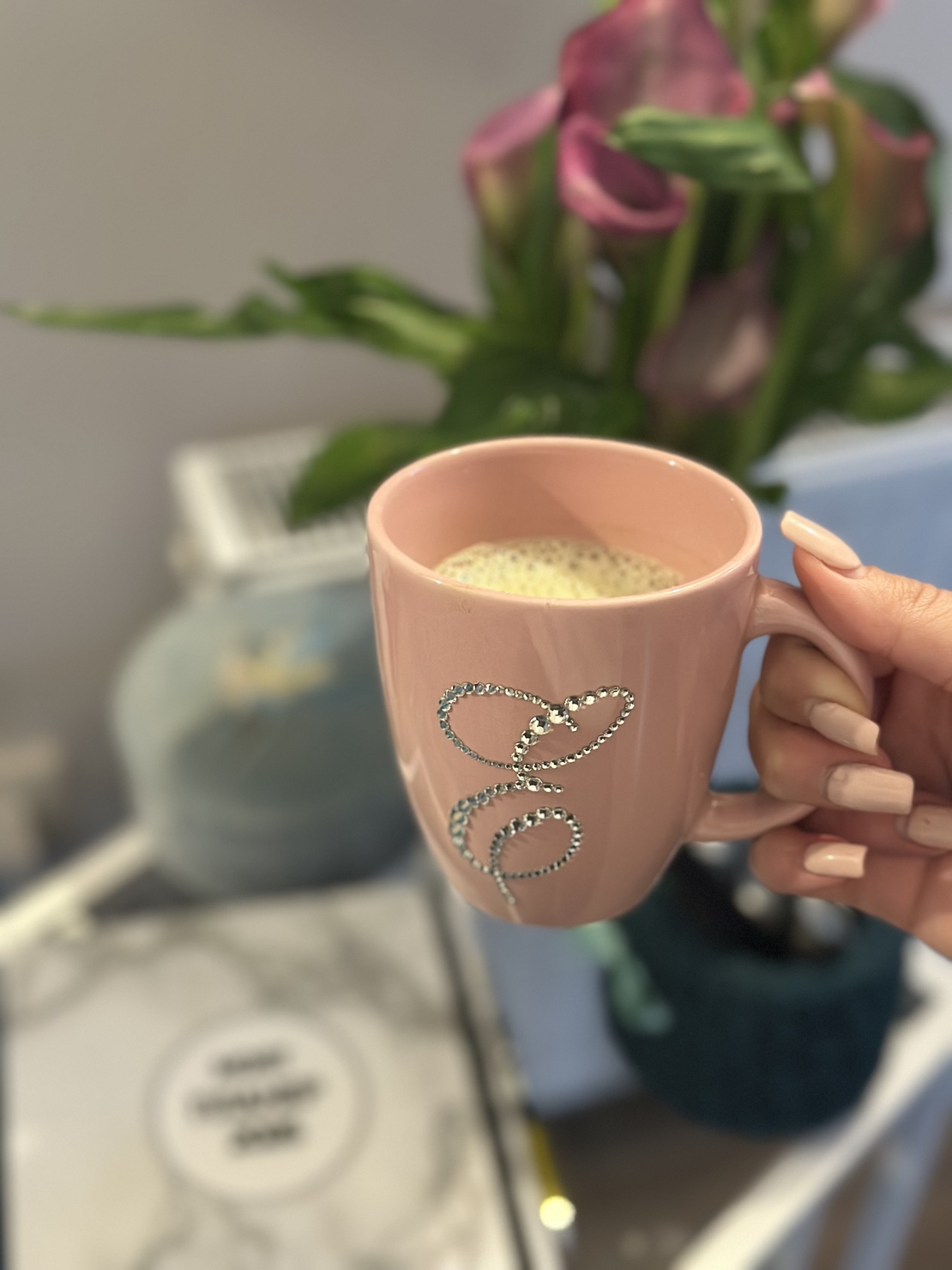 Персонална чаша за кафе с кристали  - baby pink