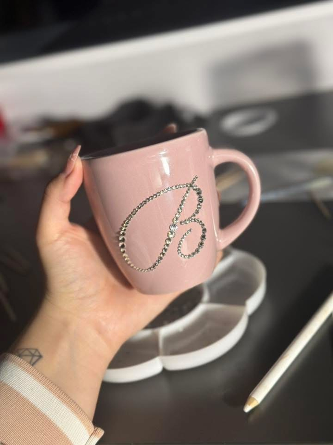 Персонална чаша за кафе с кристали  - baby pink