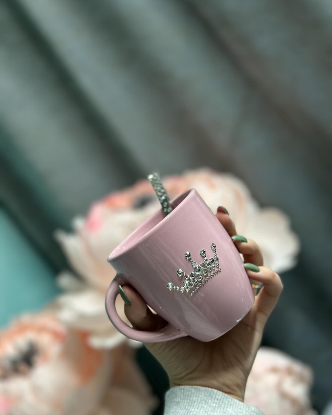 Персонална чаша за кафе с кристали  - baby pink
