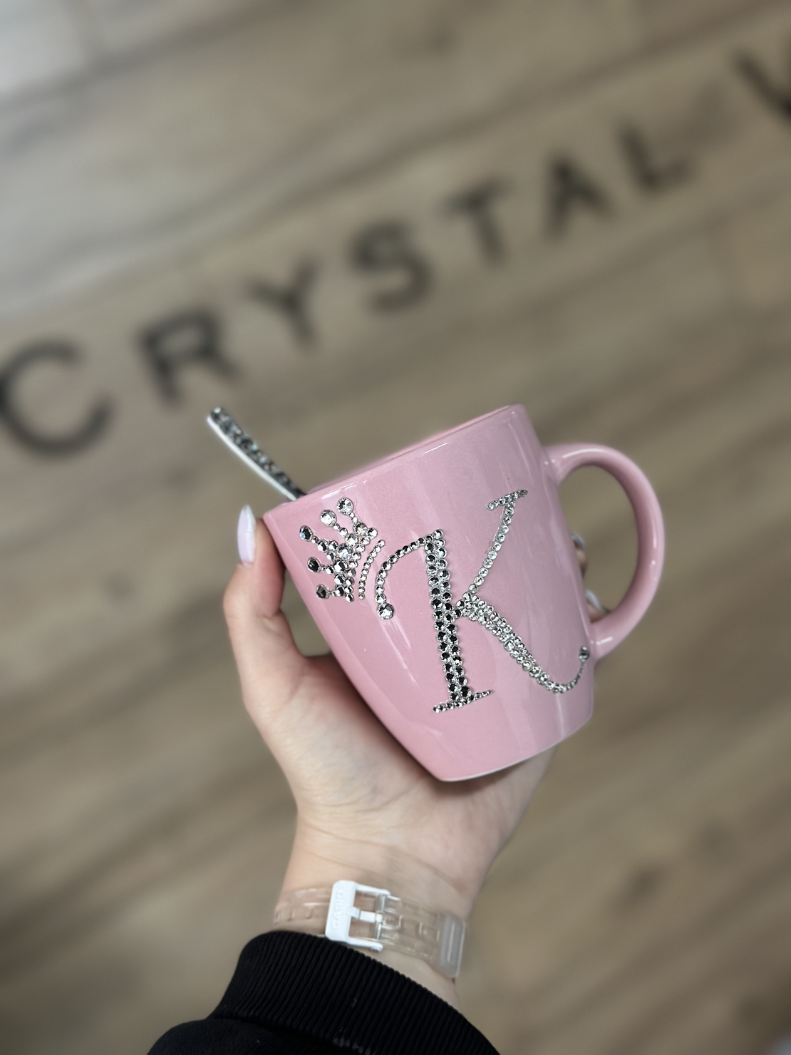 Персонална чаша за кафе с кристали  - baby pink
