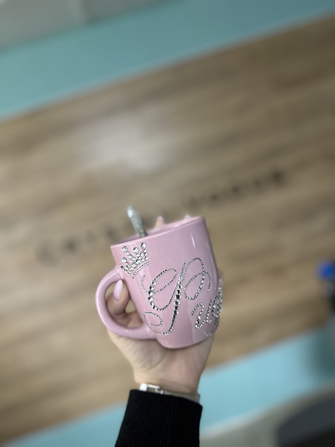 Персонална чаша за кафе с кристали  - baby pink