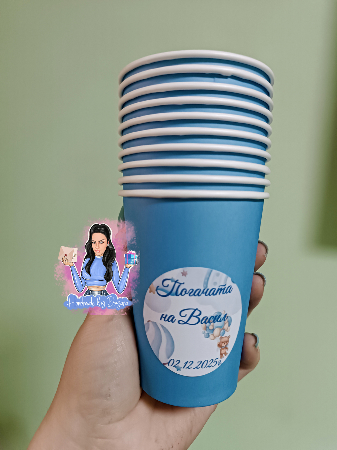 Чаша с персонализирана декорация - Мече с балони в синьо 2