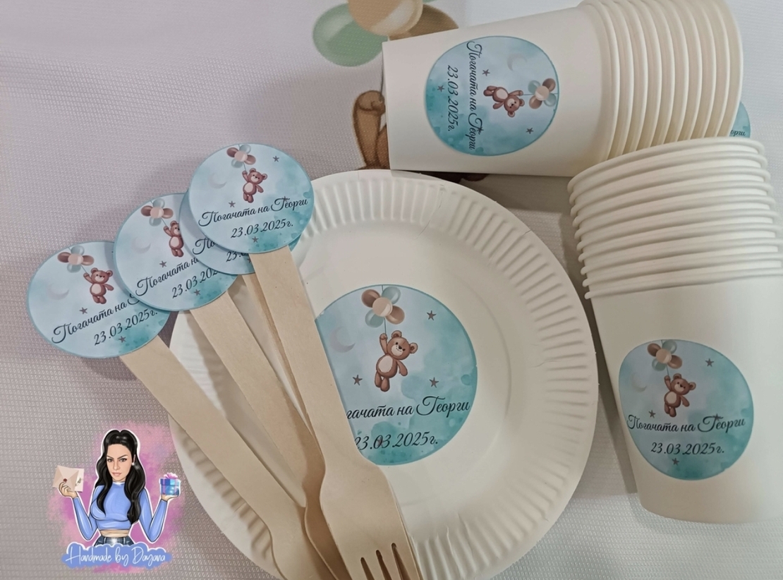 По 10бр чаши, чинии, вилици и салфетки - боди с декорация