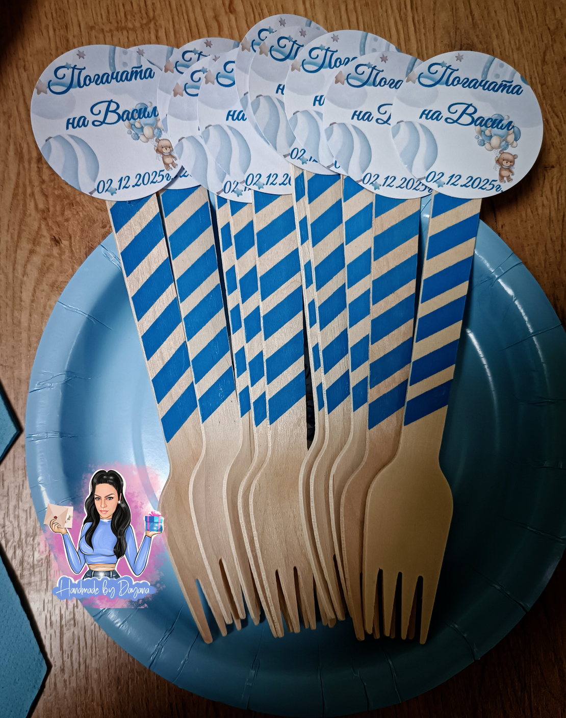 Вилица с декорация - Мече с балони в синьо 2